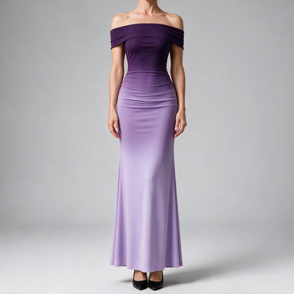 Reggie | Womens Bodycon Dress Short Sleeve Gradient Off Shoulder Long Dress Purple