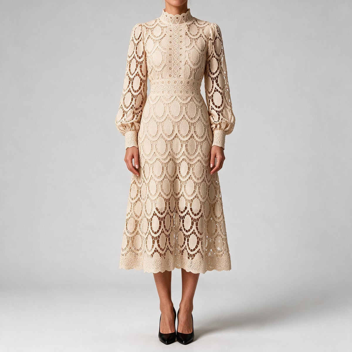 Genevieve | Womens Wedding Guest Lace A-Line Puff Sleeve Dresses Apricot