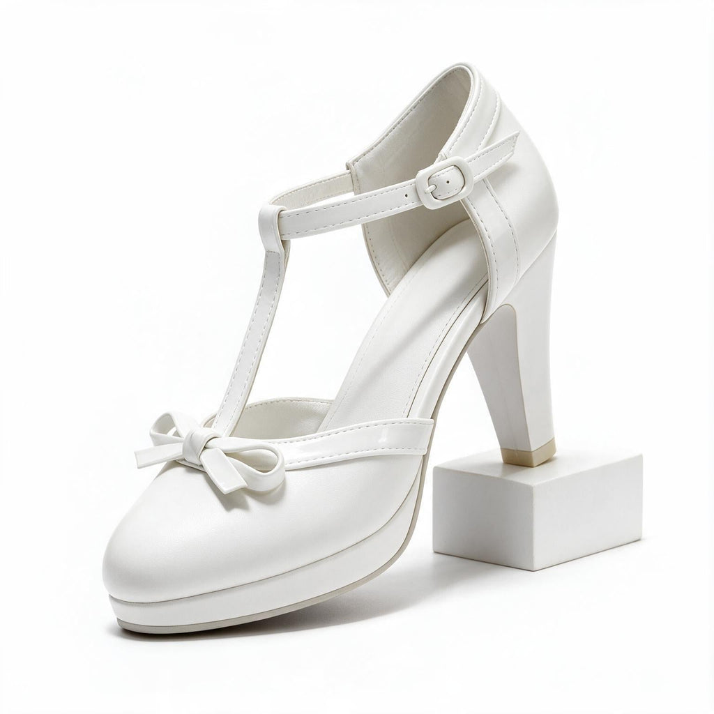 Loretta | Womens Round Toe Chunky Heel Court Heels White packshot