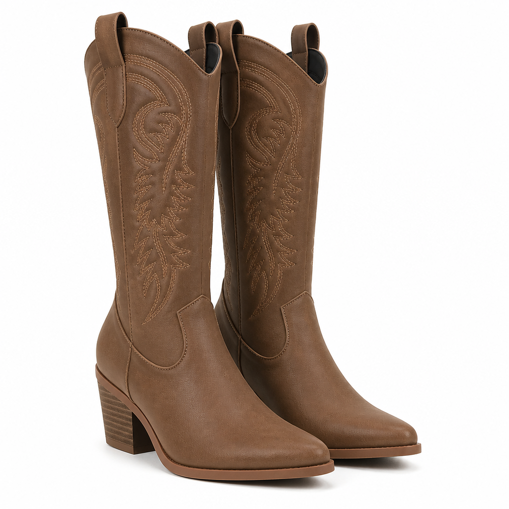 Bexley | Womens Knee High Western Heeled Long White Riding Boots Brown packshot