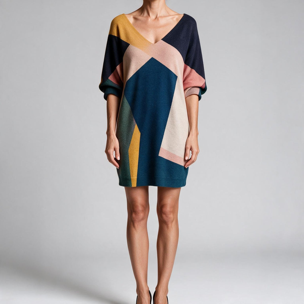Rhian | Womens Wedding Guest V Neck Printed Long Sleeve Mini Dress Multi