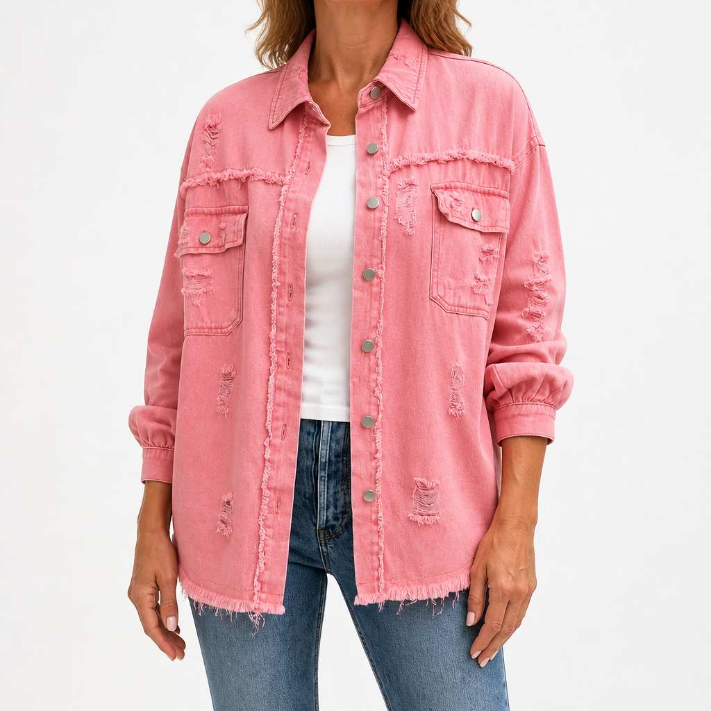 Genevieve | Womens Ripped Longline Denim Jacket, Pink