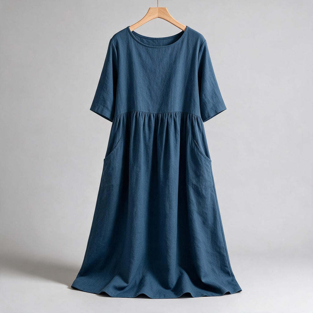 Saoirse | Womens Wedding Guest Summer Midi Cotton Linen Round Neck Dresses on hanger
