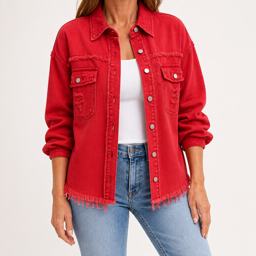 Clarissa | Womens Longline Distressed Denim Jacket, Red
