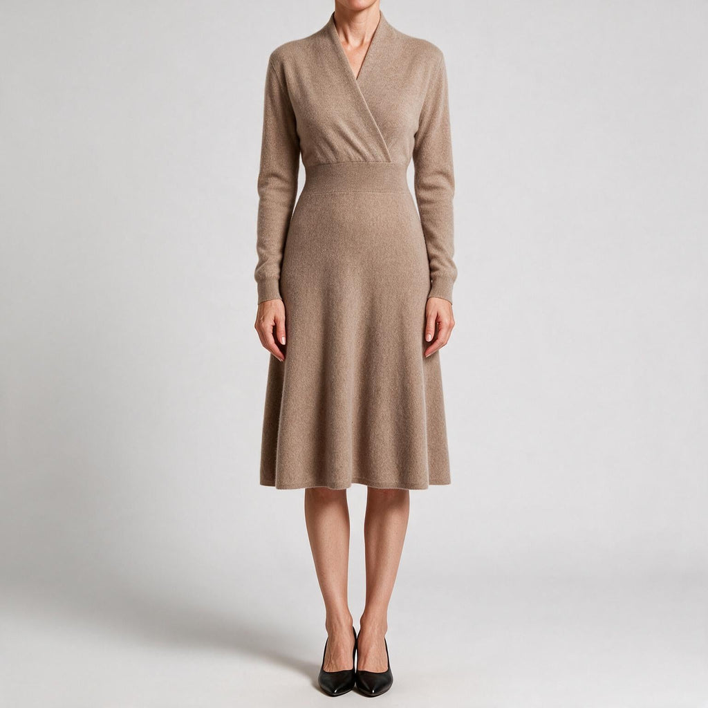 Genevieve | Womens Cashmere Knitted V Neck Midi Jumper Wedding Guest Dresses Natural Cashmere