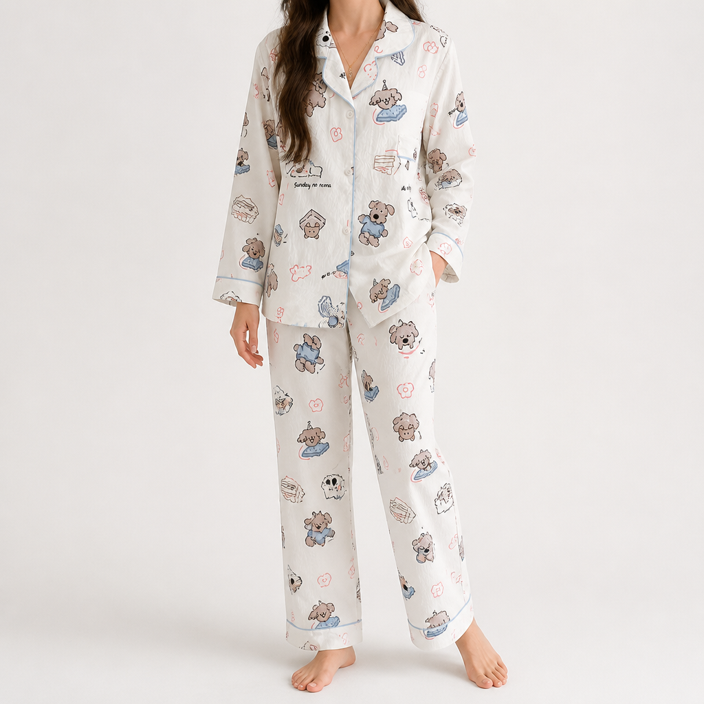Beatrix | Womens Long Sleeve Cotton Pyjama Set Loungewear, Oatmeal 2