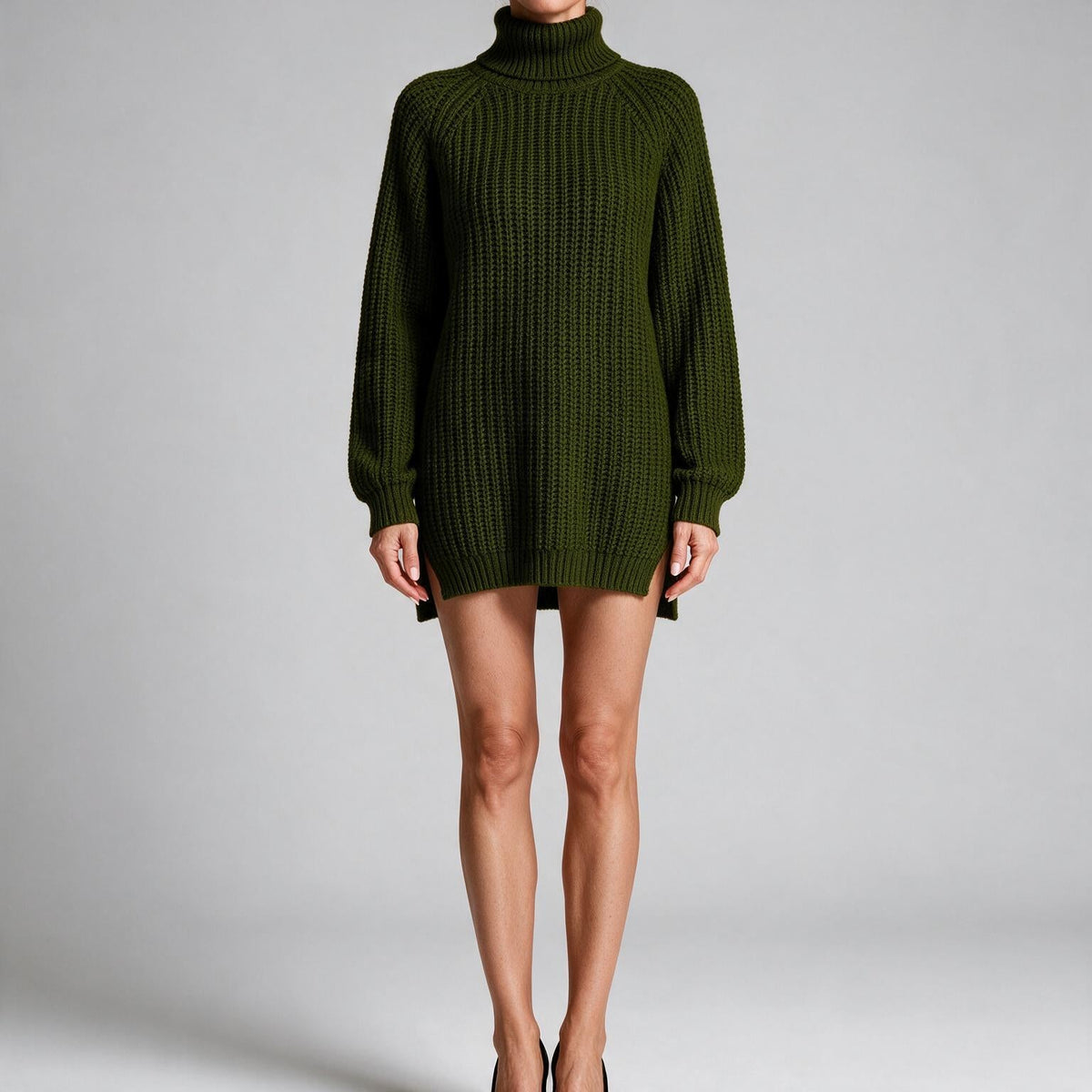 Rhiannon | Womens Wedding Guest Jumper Knitted Split Raglan Sleeve Dresses Dark Green