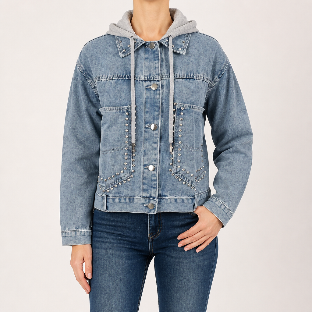 Delphine | Womens Washed Studded Denim Jacket, Blue 2
