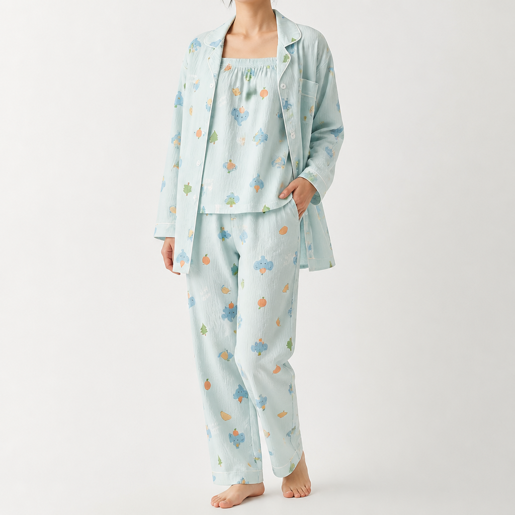 Rosalind | Womens Long Sleeve Button Up Cotton Pyjama Set Loungewear, Blue 2