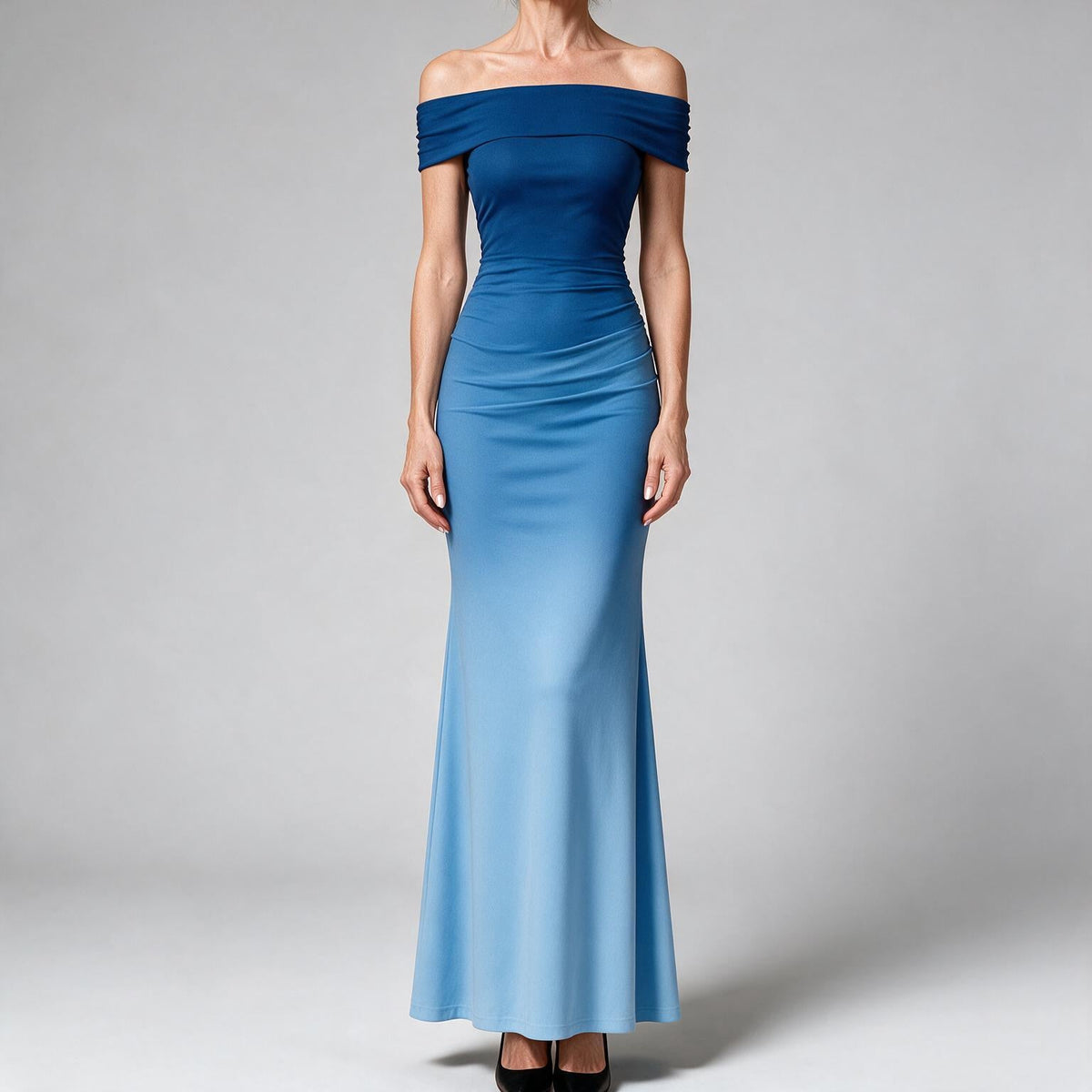 Reggie | Womens Bodycon Dress Short Sleeve Gradient Off Shoulder Long Dress Blue