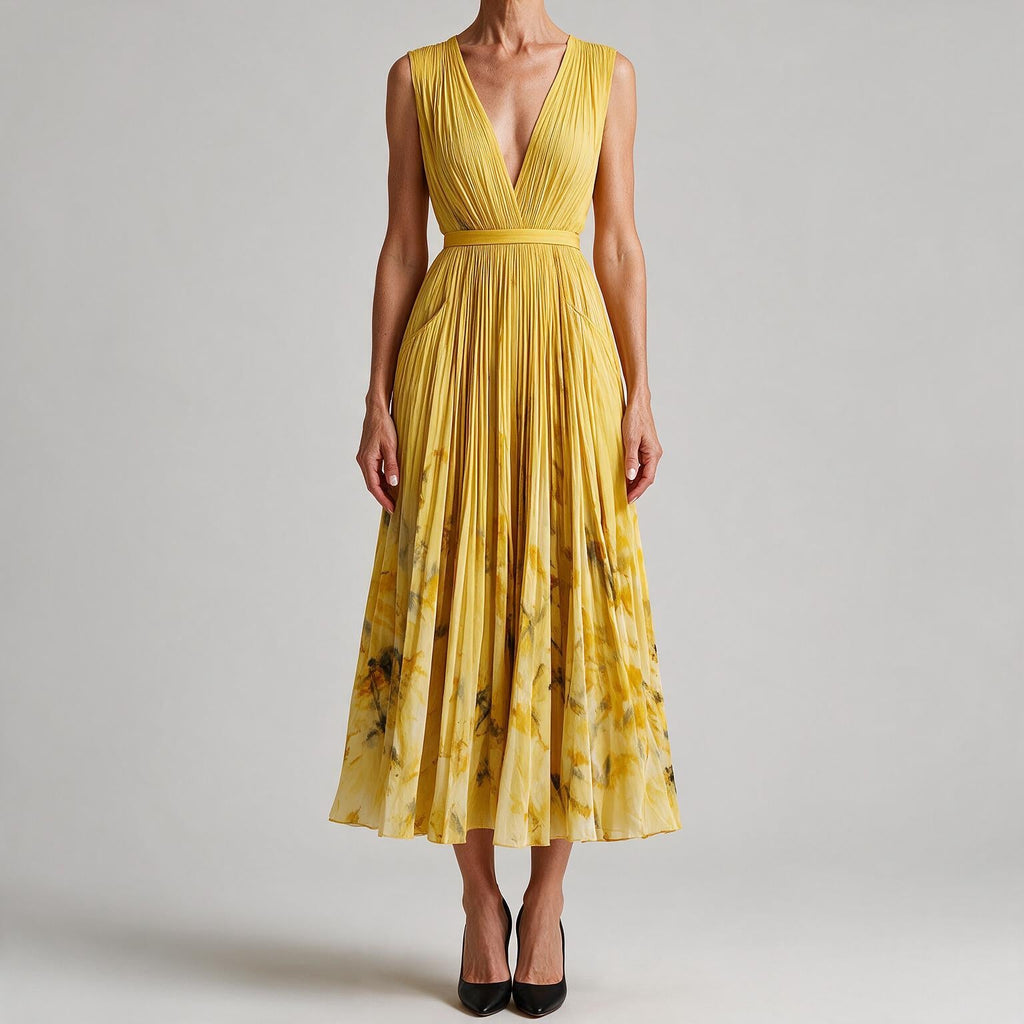 Seraphina | Womens Wedding Guest Maxi Summer Dresses Sleeveless Pleated Printed Dress Yellow