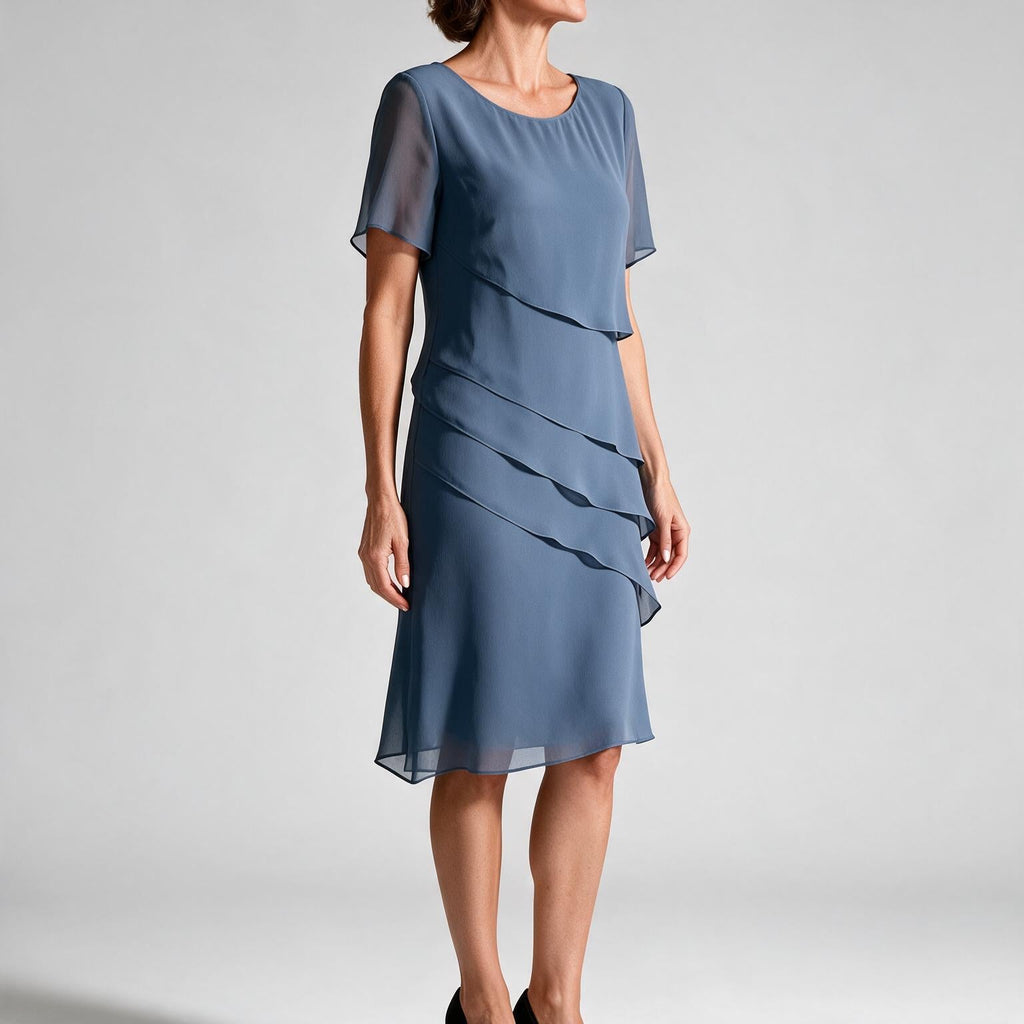 Yara | Womens Wedding Guest Chiffon Round Neck Short Sleeve Dresses