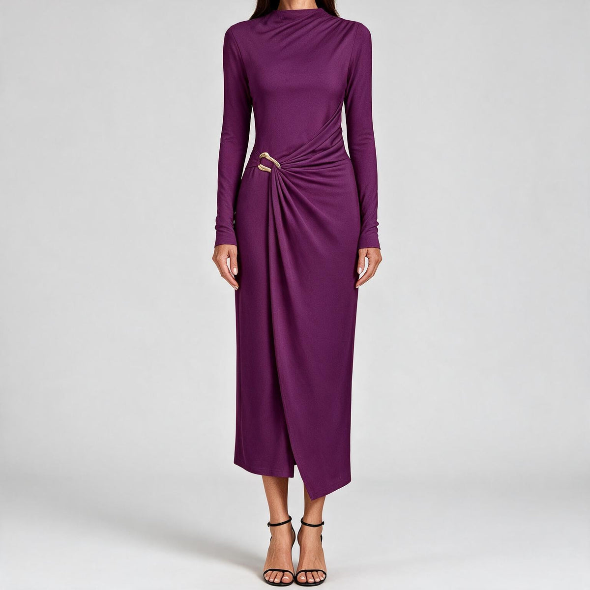Petra | Womens Wedding Guest Long Sleeve Bodycon Midi Prom Dress Deep Purple