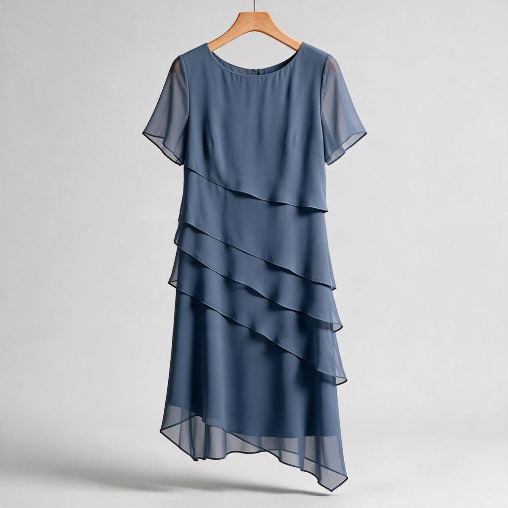 Yara | Womens Wedding Guest Chiffon Round Neck Short Sleeve Dresses on hanger
