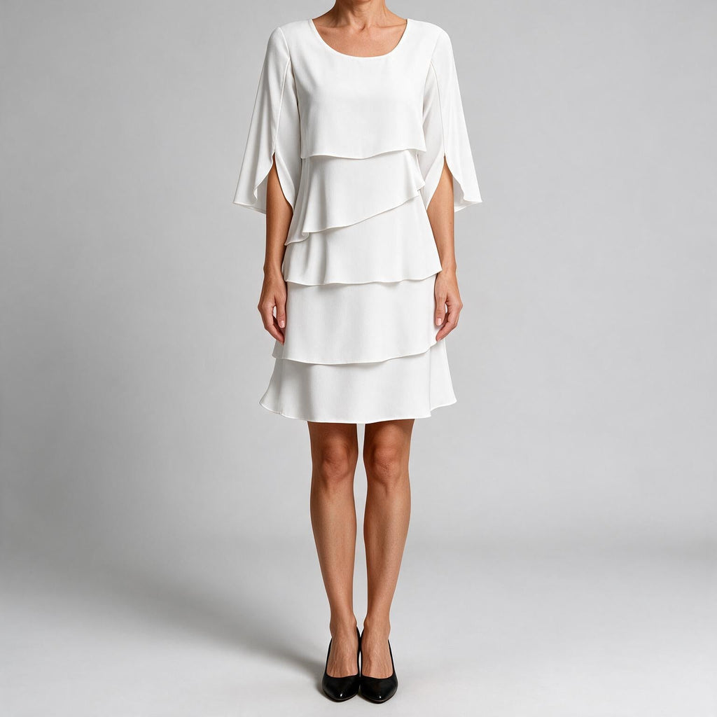 Antonia | Womens Wedding Guest Midi Dresses Round Neck Tiered Patchwork Dress White