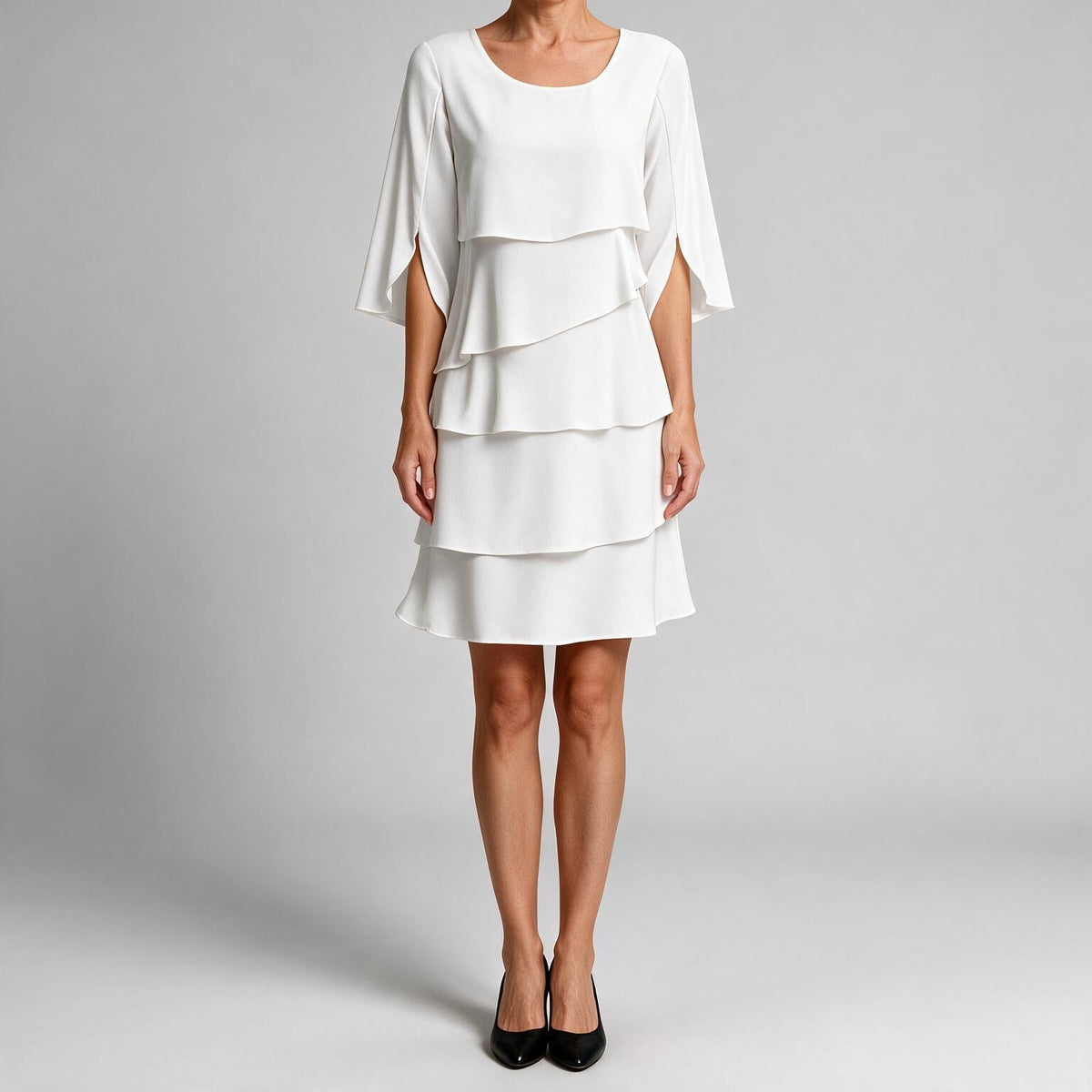Antonia | Womens Wedding Guest Midi Dresses Round Neck Tiered Patchwork Dress White