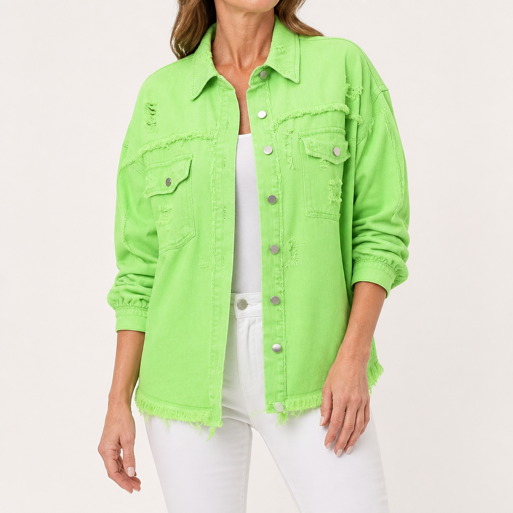 Genevieve | Womens Ripped Longline Denim Jacket, Sage Green