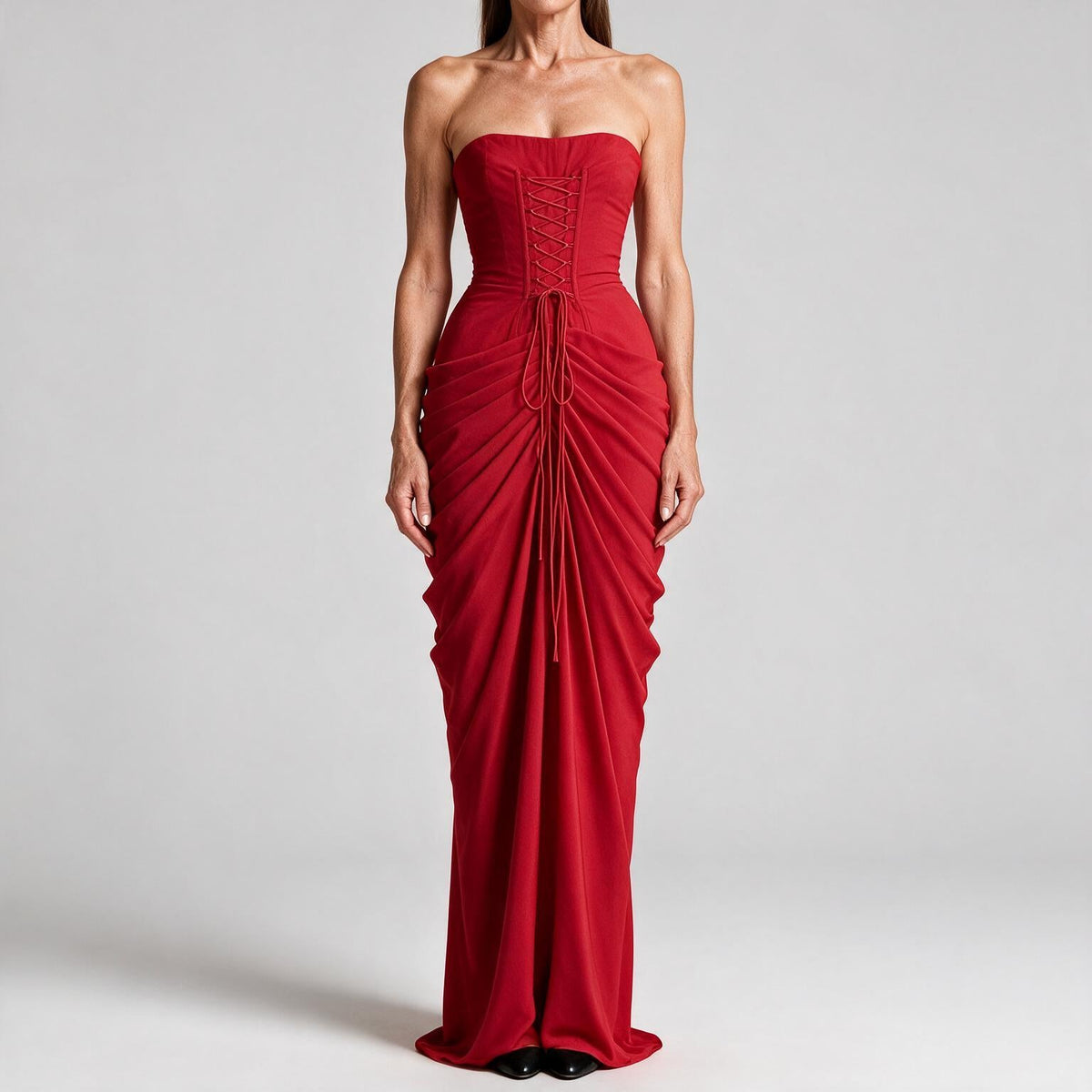 Freya | Womens Strapless Pleated Slit Maxi Wedding Guest Black Tie Summer Dresses Wine Red