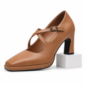 Beatrix | Womens Pointed Toe Chunky Heel Buckle High Heel Shoes Light Brown packshot