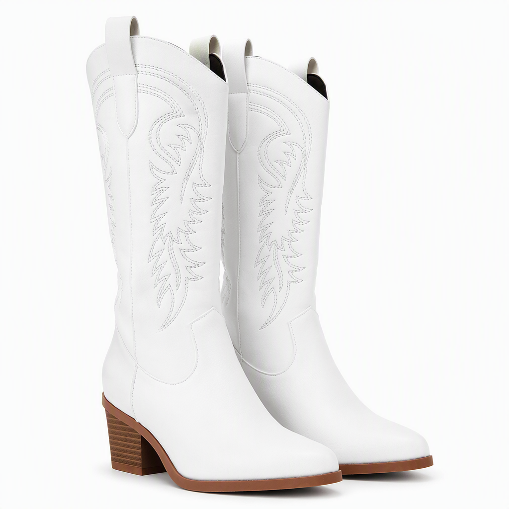 Bexley | Womens Knee High Western Heeled Long White Riding Boots White packshot