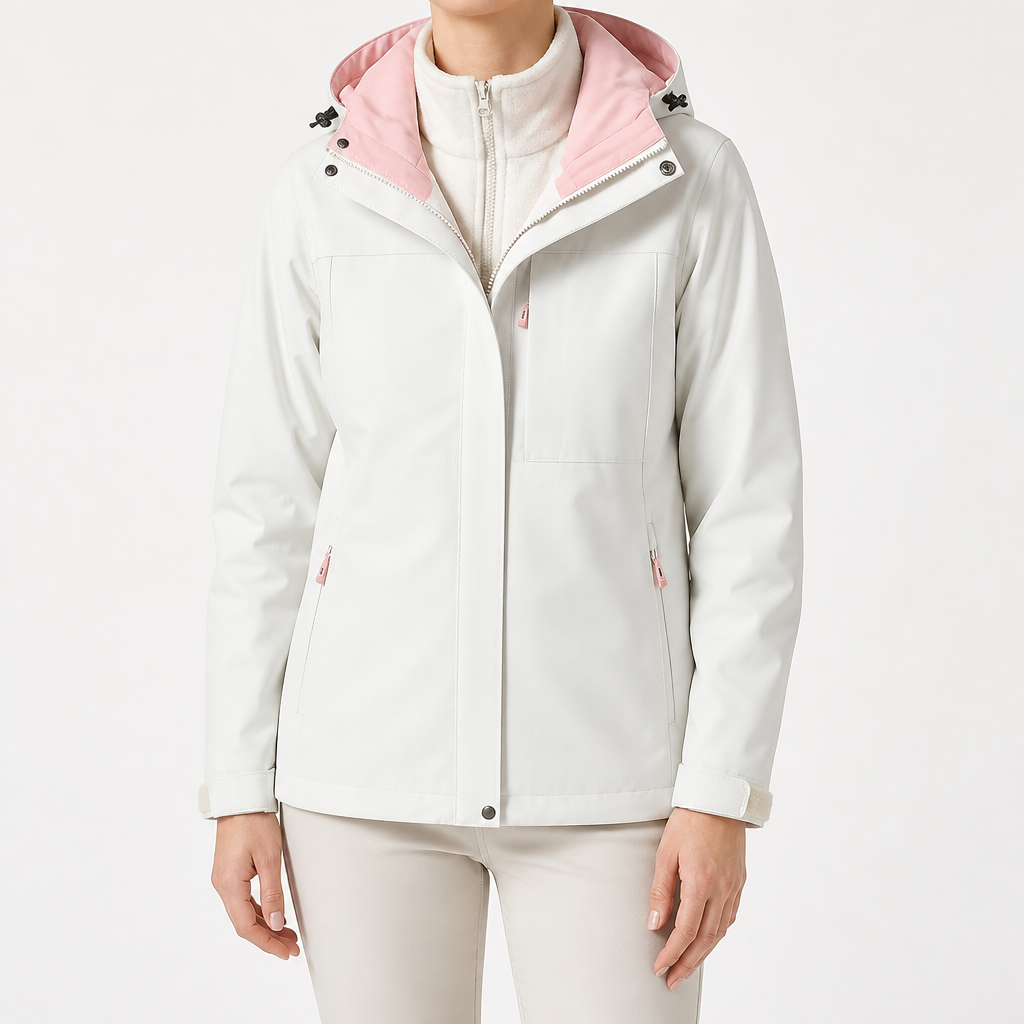 Imogen | Womens Waterproof Hooded 3-in-1 Jacket Fleece Lined, White & Coral Pink