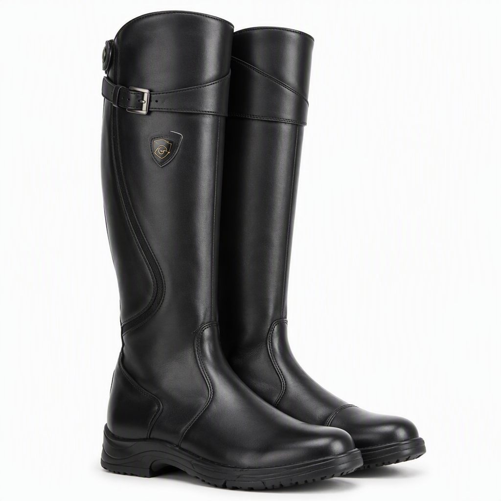 Amos | Womens Knee High Riding Buckle Equestrian Retro Boots Black packshot