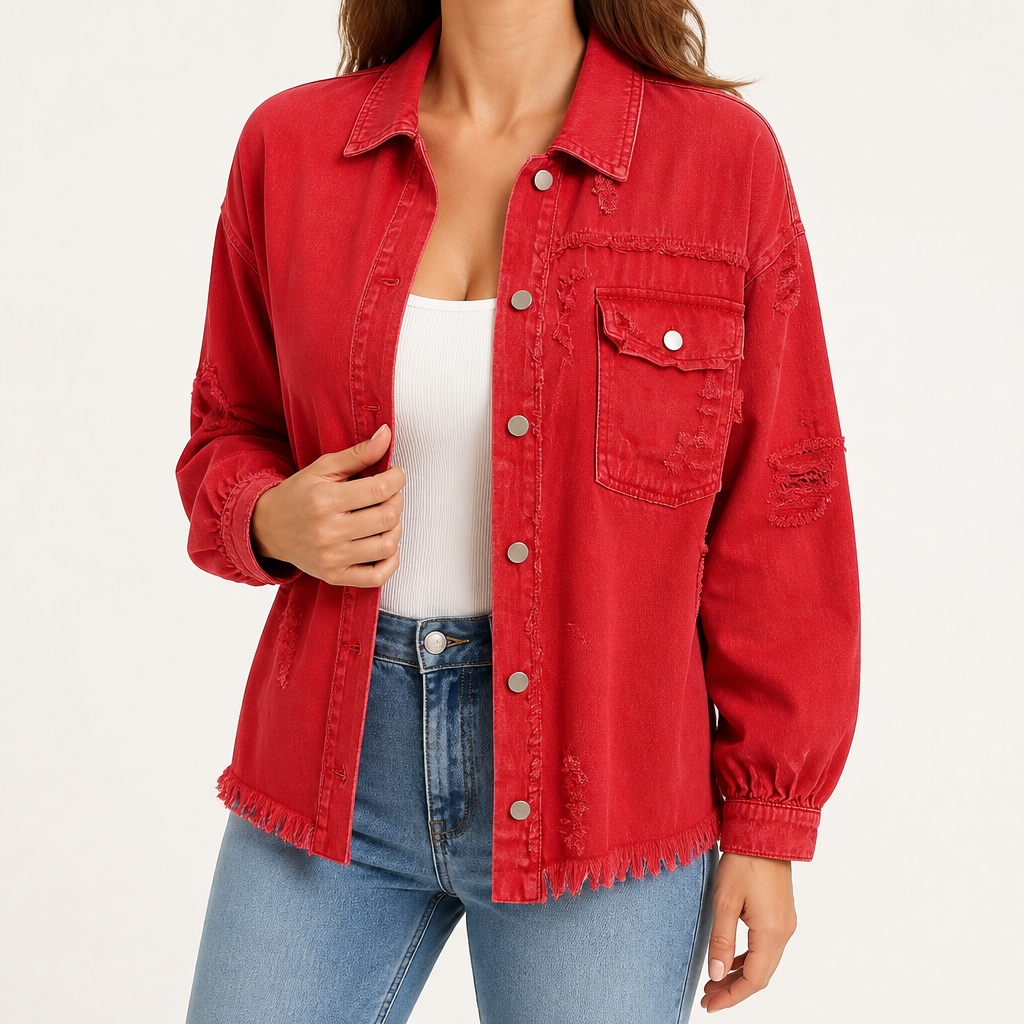 Genevieve | Womens Ripped Longline Denim Jacket, Red