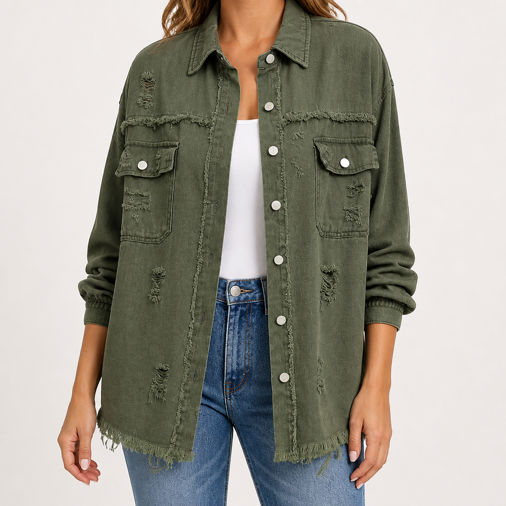 Genevieve | Womens Ripped Longline Denim Jacket, Army Green
