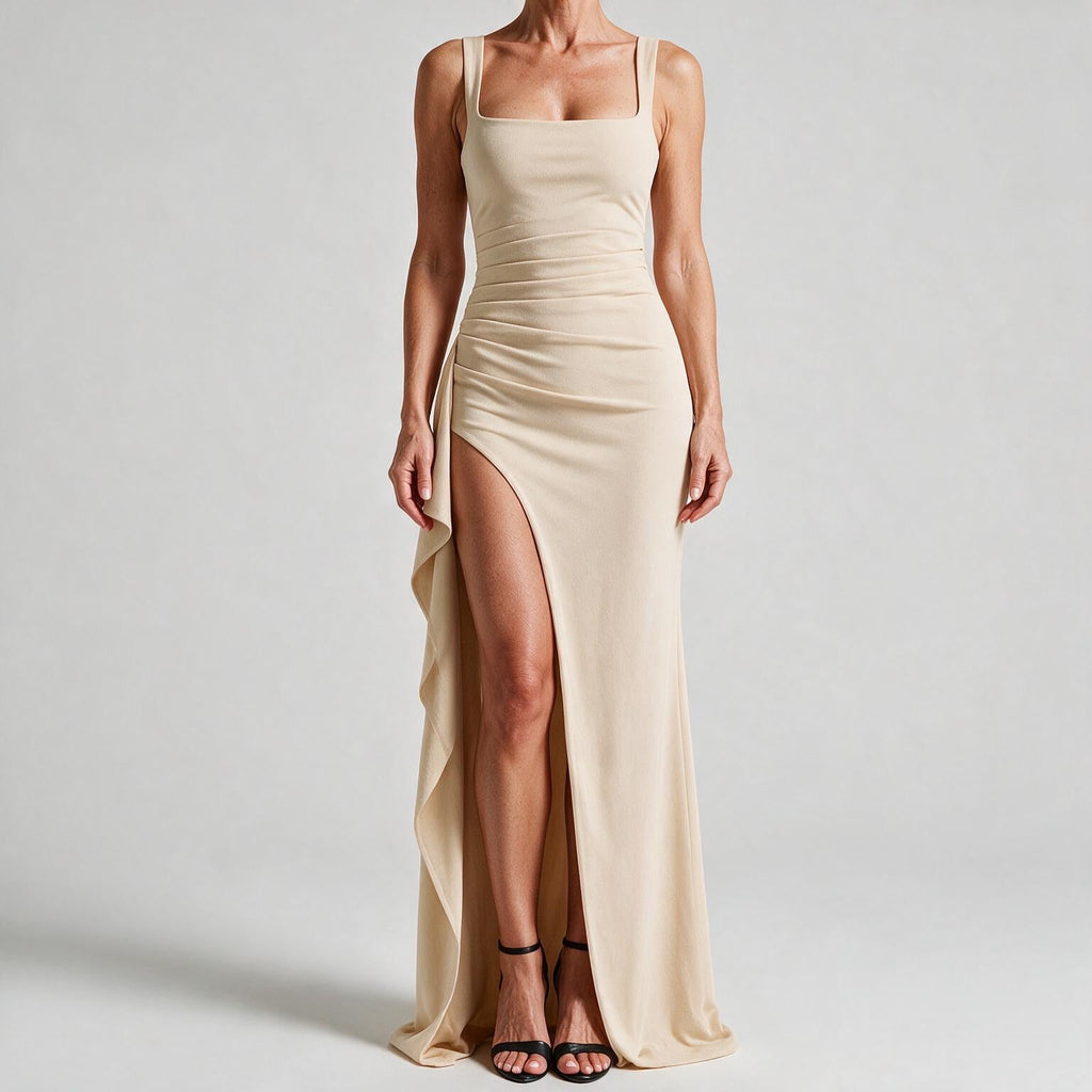 Ondine | Womens Wedding Guest Maxi Strapless Backless High Slit Dresses Apricot