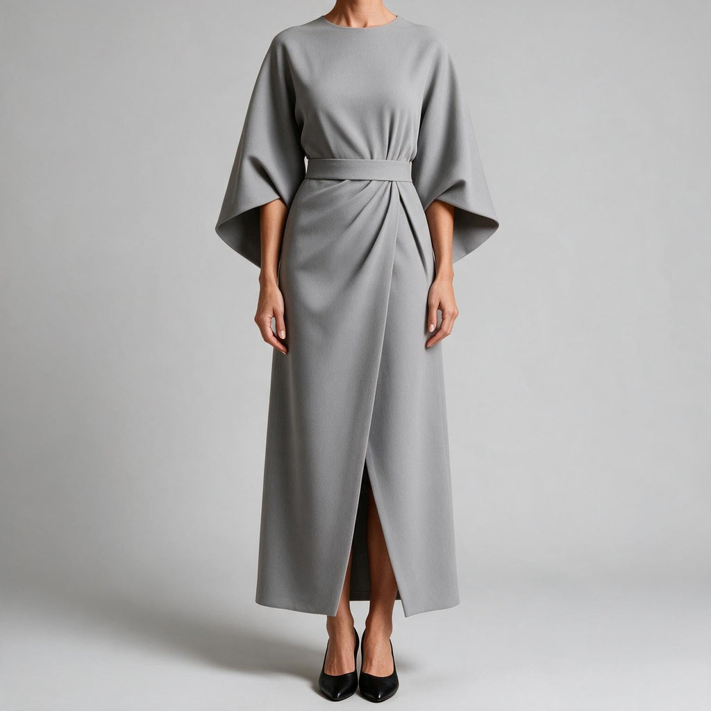 Rhoswen | Womens Wedding Guest Dresses Batwing Sleeve Maxi Elegant Dress Light Grey