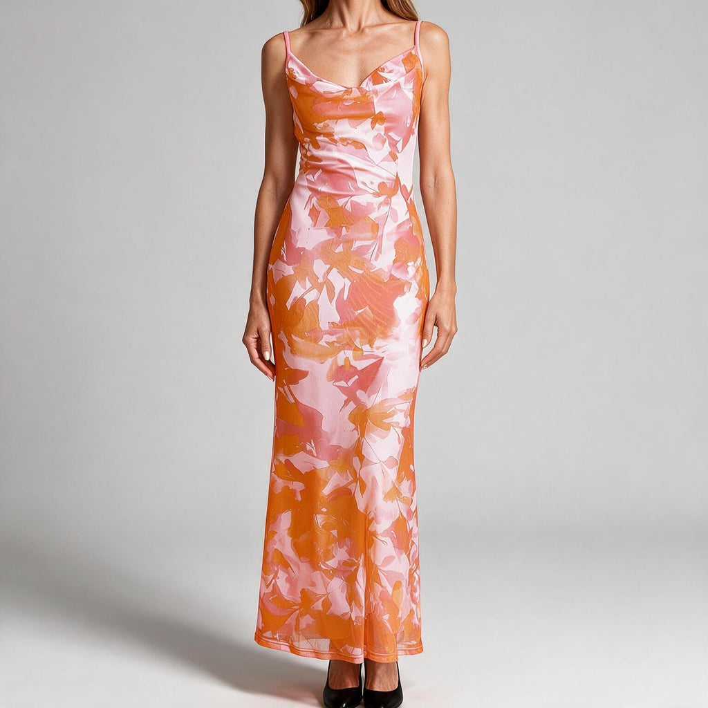 Saskia | Womens Floral Print Strappy Sleeveless Summer Slip Wedding Guest Dresses Orange
