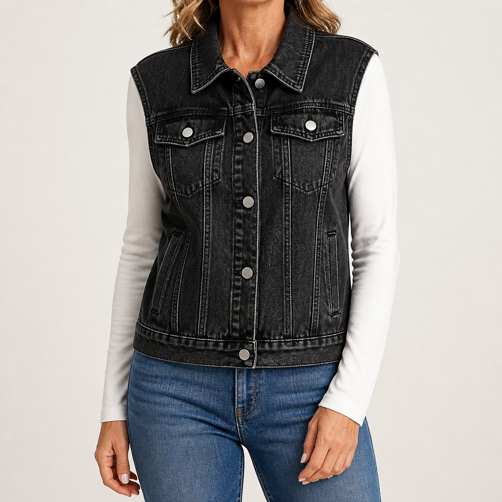Cordelia | Womens Hooded Denim Gilet Waistcoat, Charcoal Grey