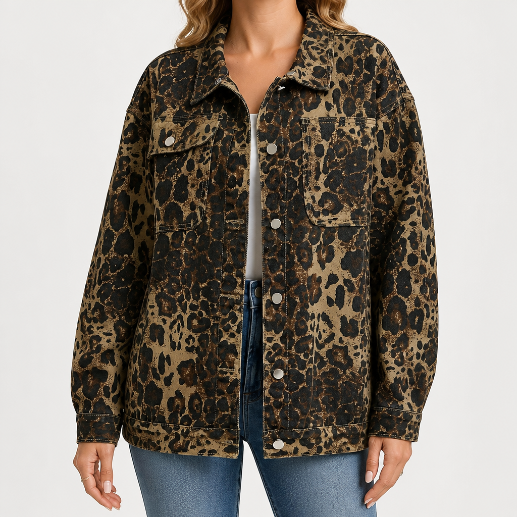 Cordelia | Womens Vintage Washed Denim Jacket, Leopard Print