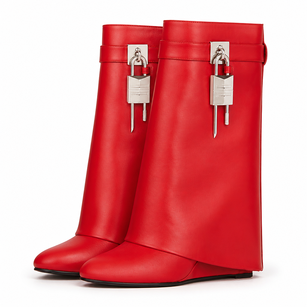 Odette | Womens Platform Boots Heeled Buckle Round Toe Ankle Boots Red packshot