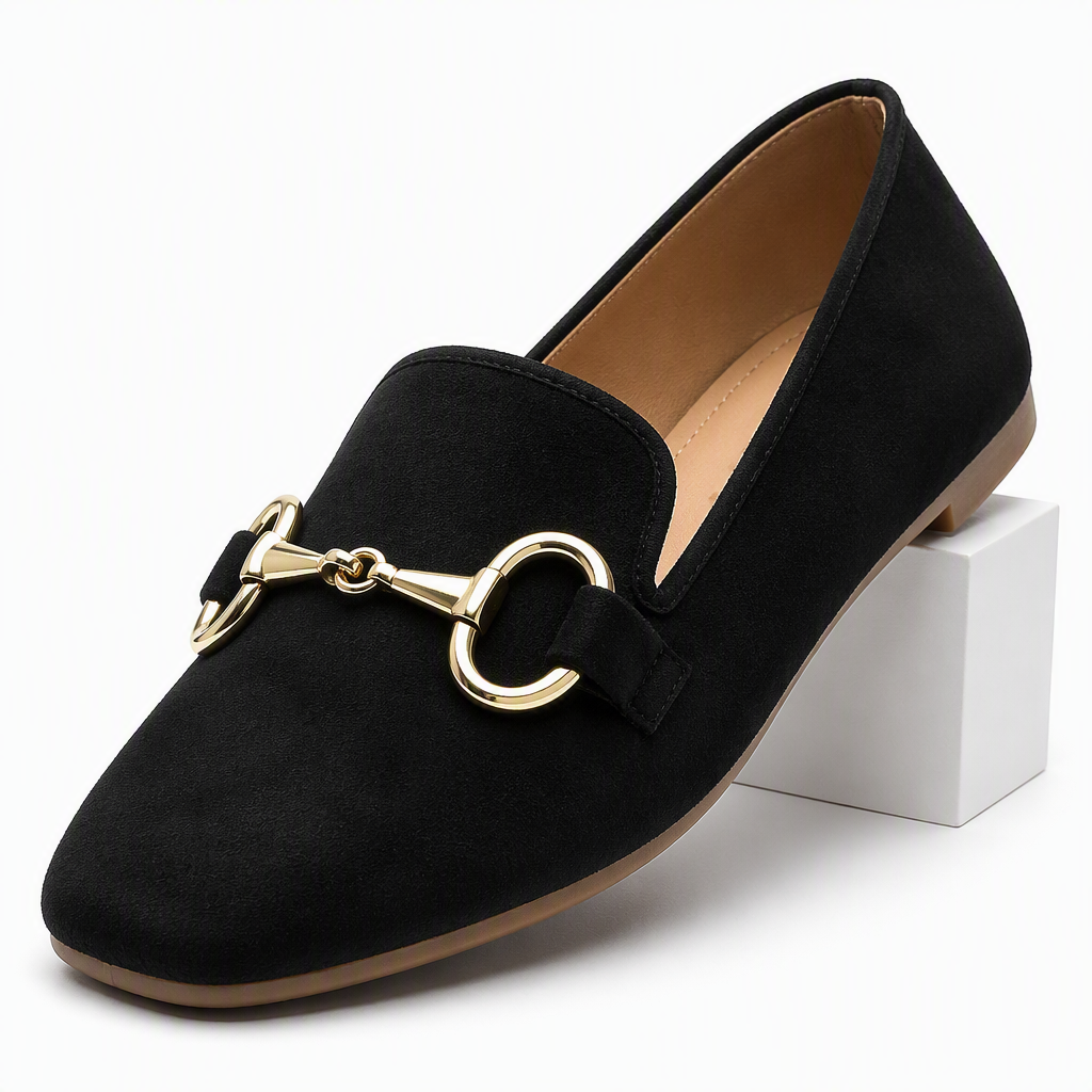 Corinne | Womens Loafers Suede Square Toe Buckle Black Loafers Black packshot