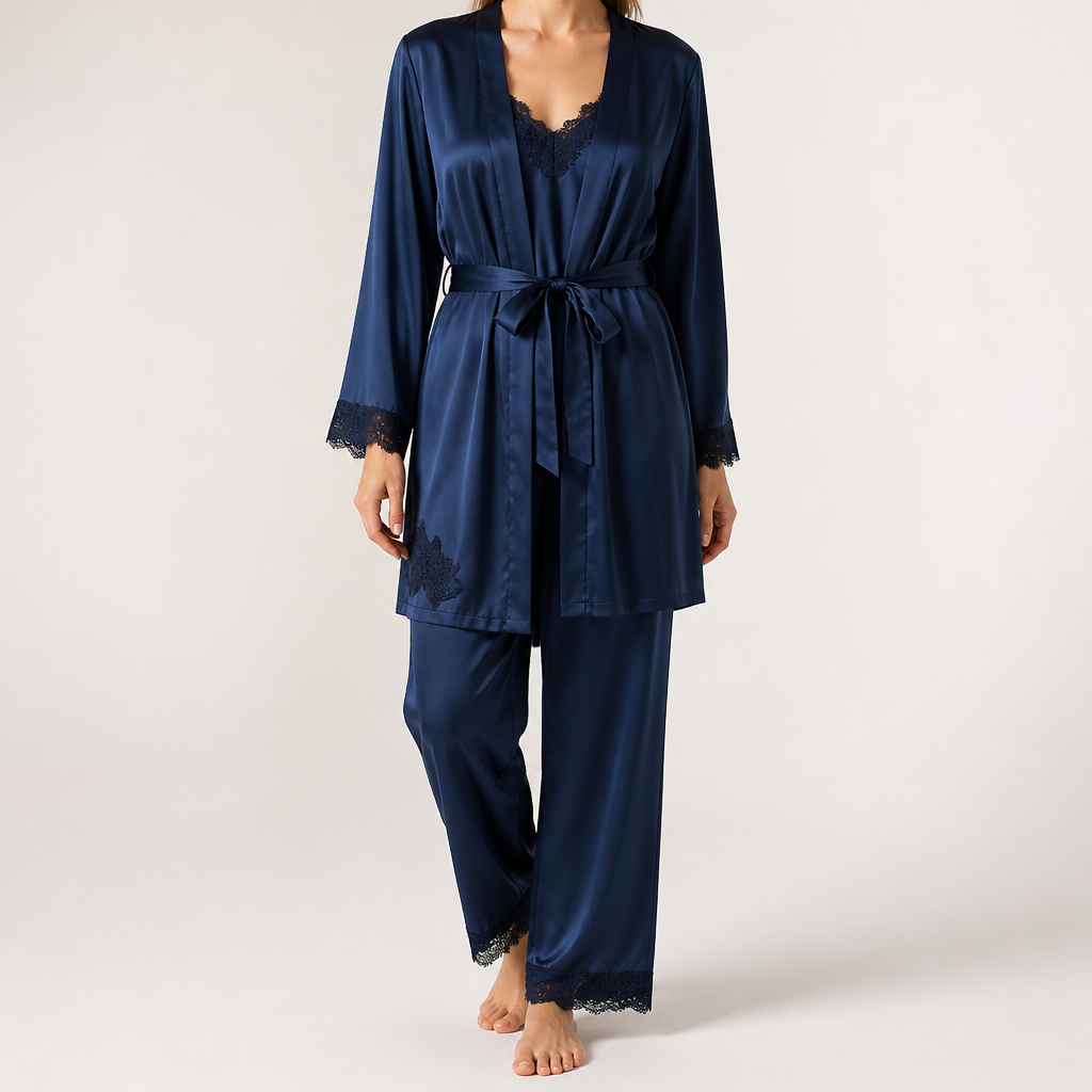 Beatrice | Womens Satin Cami Robe Lounge Set, Navy Blue 2