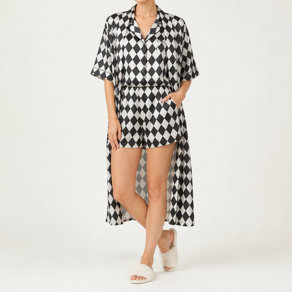 Odette | Womens Short Sleeve Satin Pyjama Set, Black and White