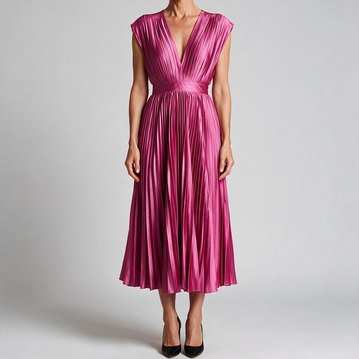 Anais | Womens Wedding Guest Satin V Neck Pleated Midi Dress Rose