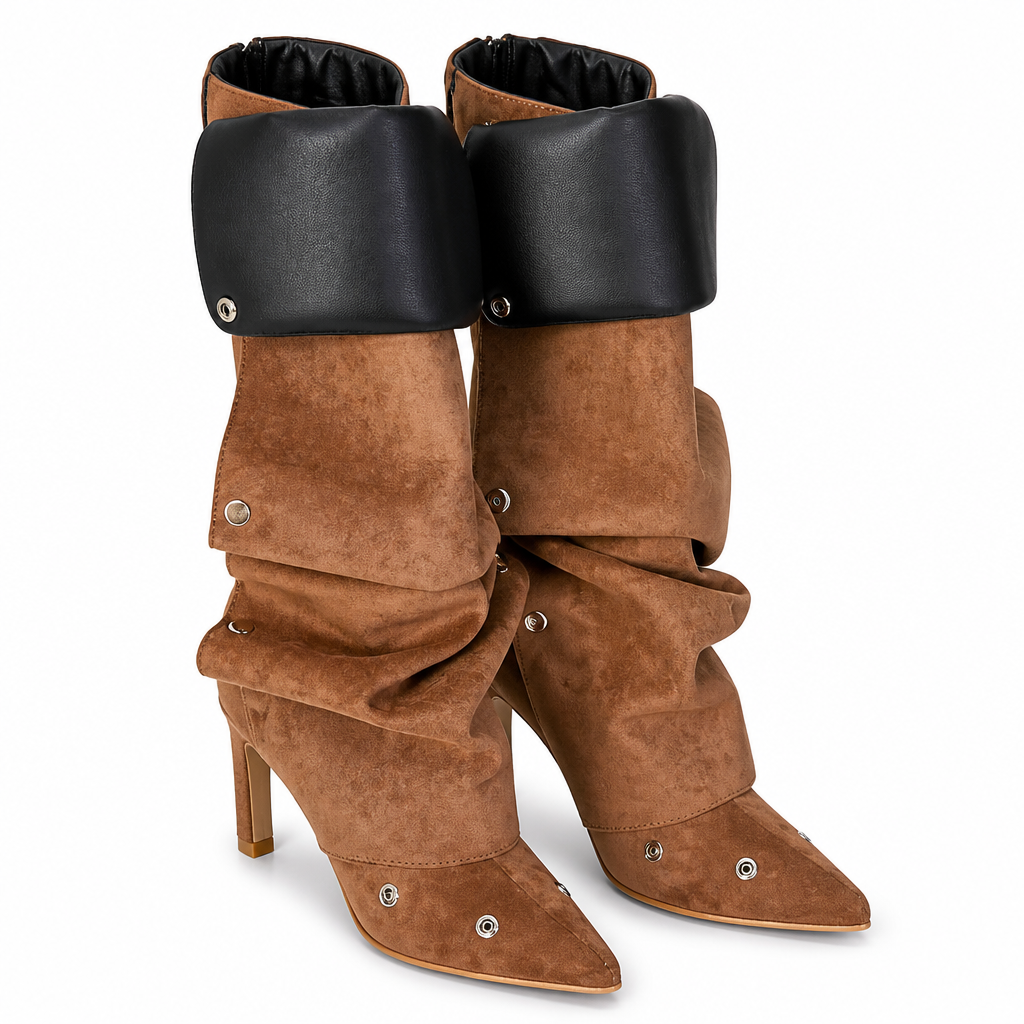 Hazel | Womens Heeled Boots Denim Slim Fit Pointed Toe Ankle Boots Brown packshot