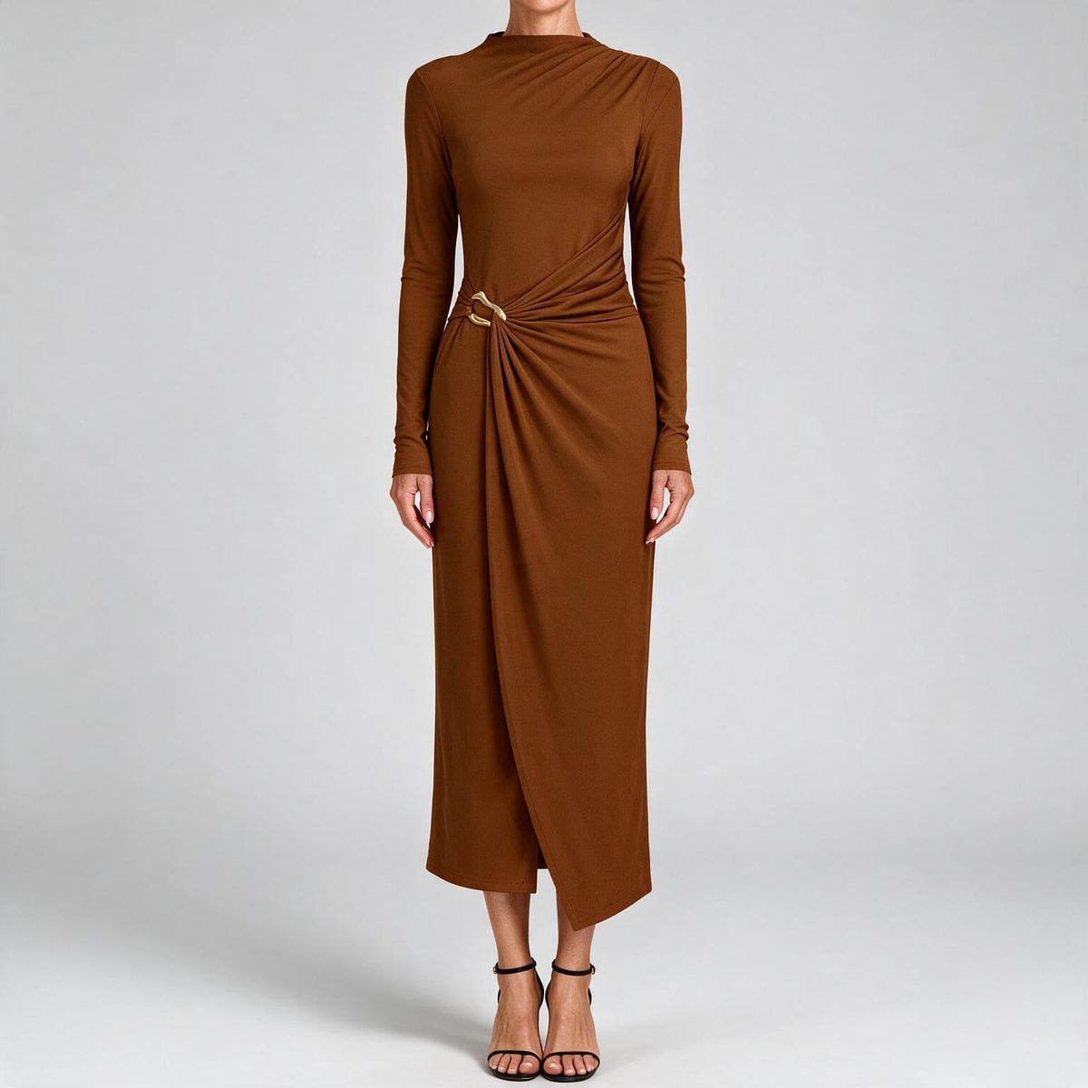 Petra | Womens Wedding Guest Long Sleeve Bodycon Midi Prom Dress Camel