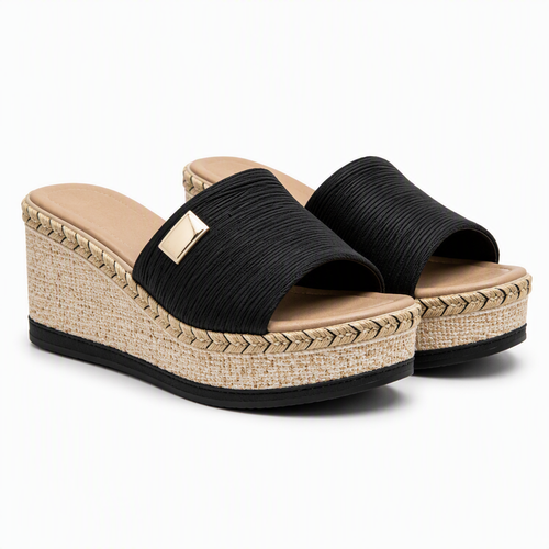 Bijou | Womens Platform Wedge Black Summer Slider Strappy Sandals Black packshot