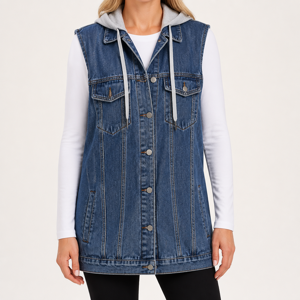 Cordelia | Womens Vintage Sleeveless Denim Gilet Waistcoat, Navy Blue 2