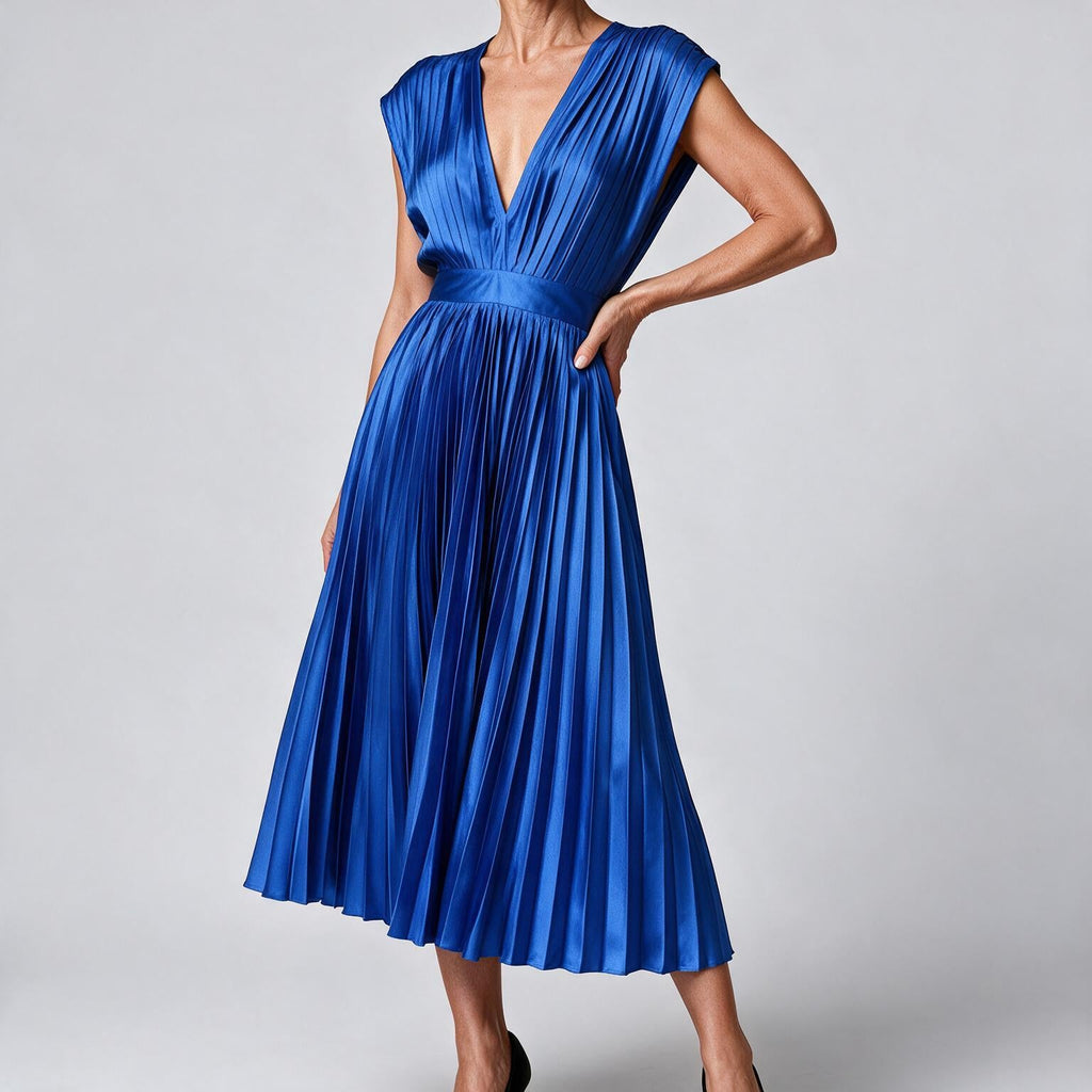 Anais | Womens Wedding Guest Satin V Neck Pleated Midi Dress