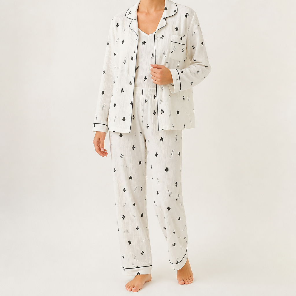 Rosalind | Womens Long Sleeve Button Up Cotton Pyjama Set Loungewear, Ivory 2