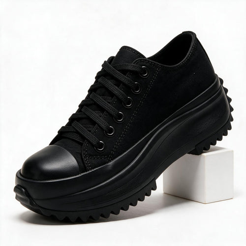 Bettina | Womens Canvas Flatform Thick Sole Black White Flat Shoes Black packshot