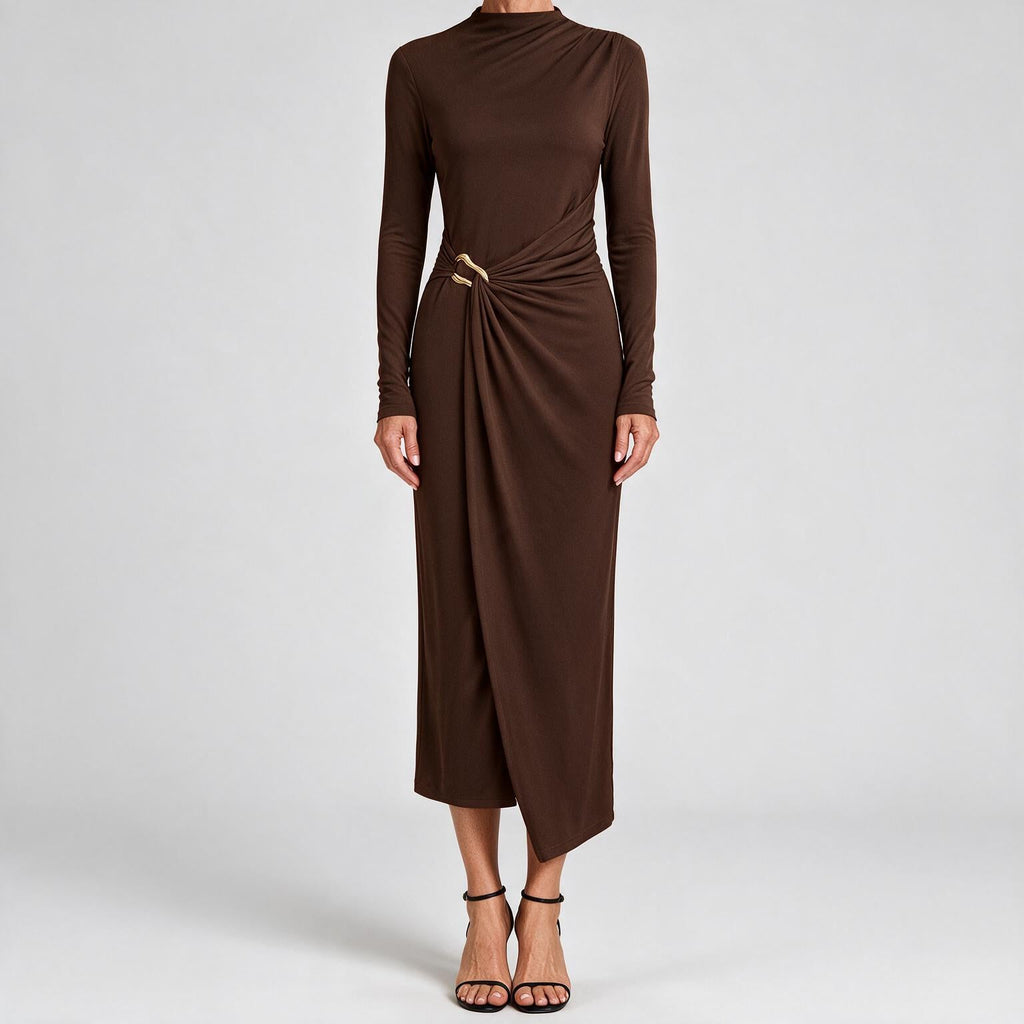 Petra | Womens Wedding Guest Long Sleeve Bodycon Midi Prom Dress Dark Brown