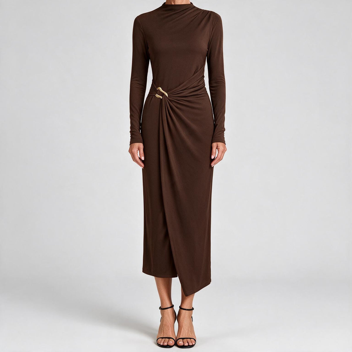 Petra | Womens Wedding Guest Long Sleeve Bodycon Midi Prom Dress Dark Brown