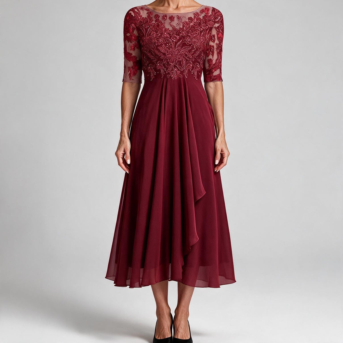Isla | Womens Wedding Guest Dress Bridesmaid Cocktail Midi Lace Chiffon Dress Wine Red