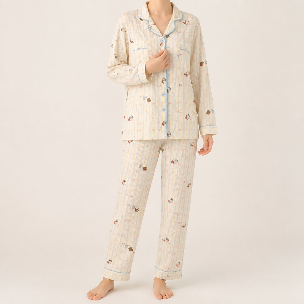 Beatrix | Womens Long Sleeve Cotton Pyjama Set Loungewear, Cream 2