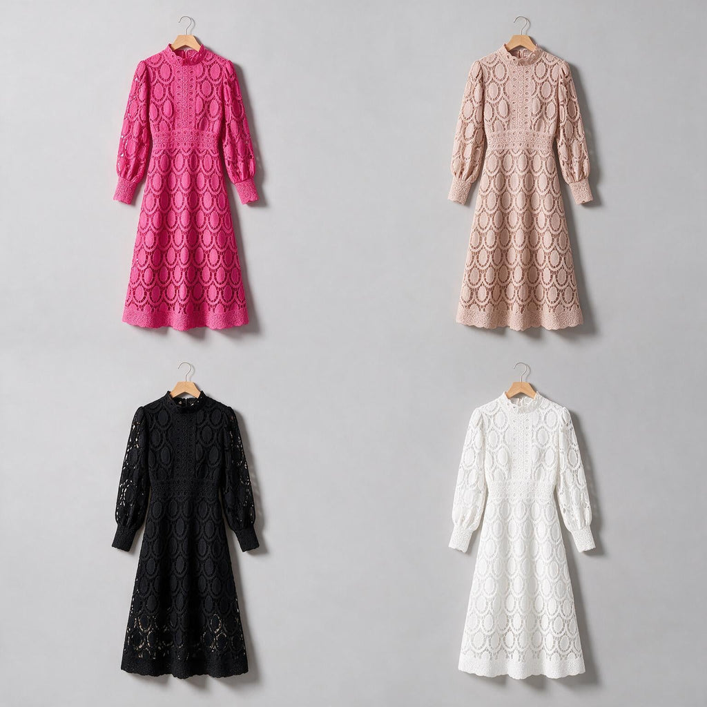 Genevieve | Womens Wedding Guest Lace A-Line Puff Sleeve Dresses on hanger